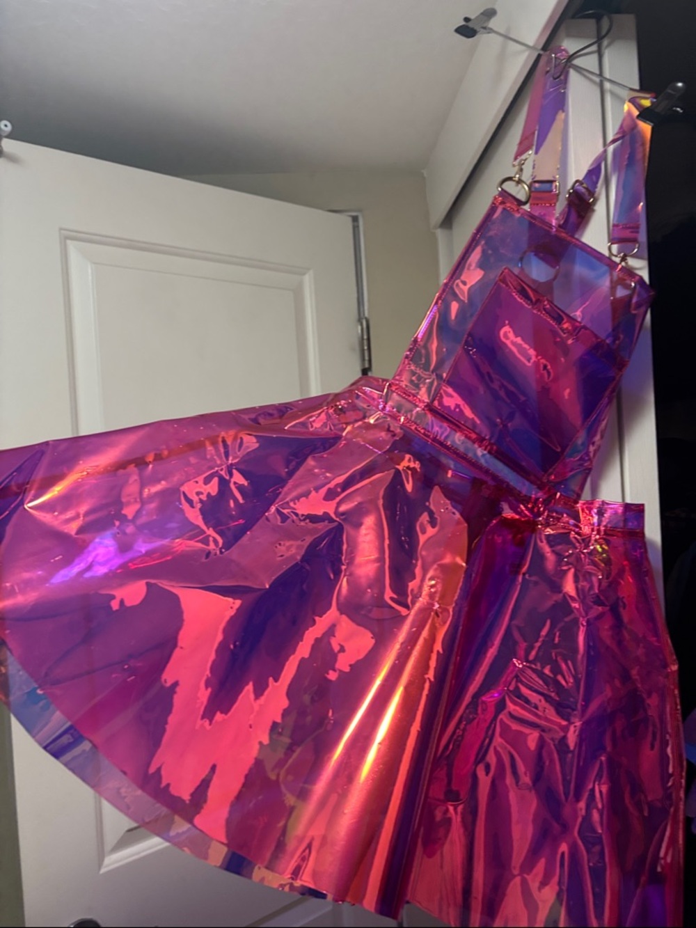 Dolls Kill Club Exx Suke Pink Translucent Holographic Apron Pinafore Dress L - Picture 14 of 14